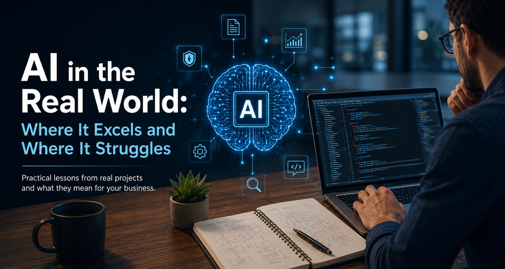 Diagram comparing AI capabilities and human expertise in UI/UX design and software development, showing where each performs best